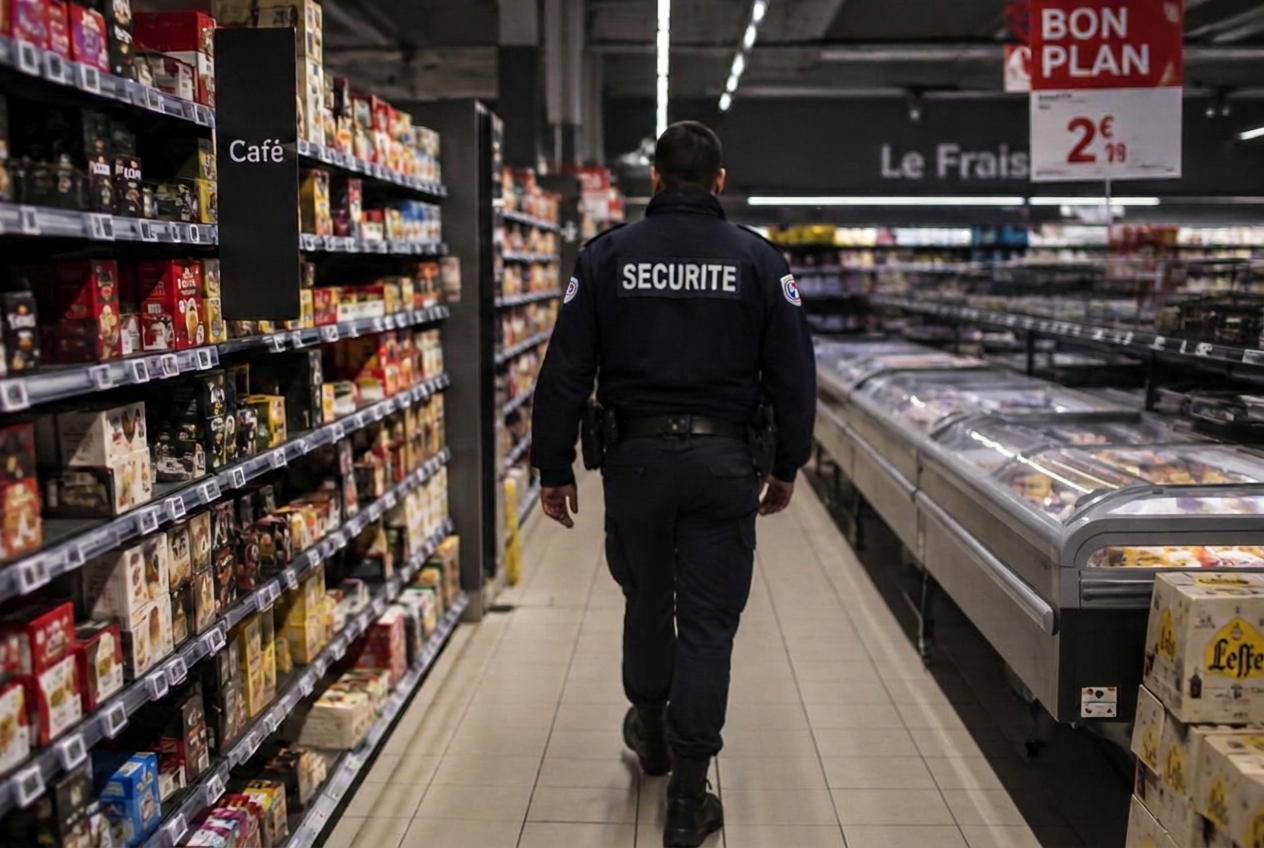 Agent de sécurité en ronde de surveillance dans un commerce